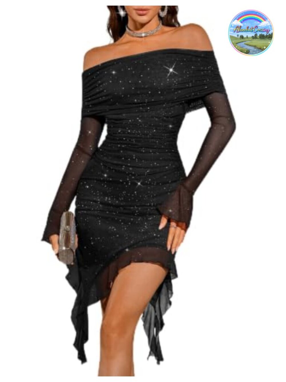 Off Shoulder Sequin Ruched Bodycon Club Dress Long Sleeve Party Glitter Stretch